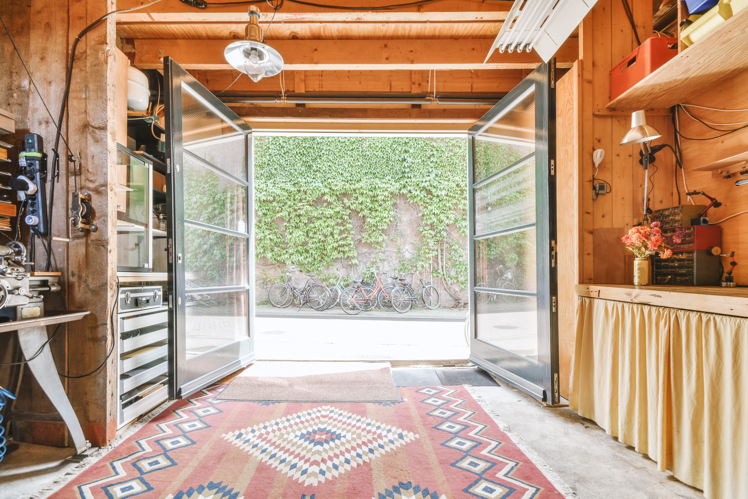 Interior of modern laundry room with white walls